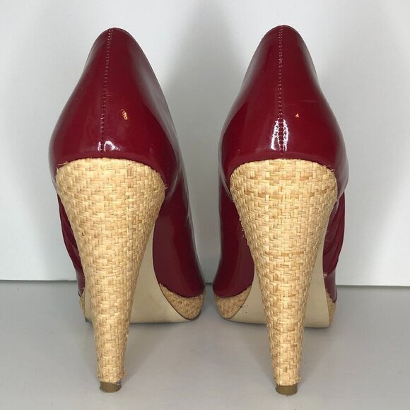 STEVE MADDEN Heels Women's Size US9 Red Tan Richh Leather Peep Toe Shoes - Picture 3 of 11